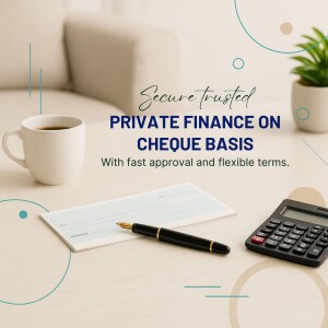 Image depicting private finance with a cheque, calculator, and coffee.