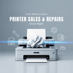 Printer with crumpled paper and repair icons, advertising printer sales and repair services.