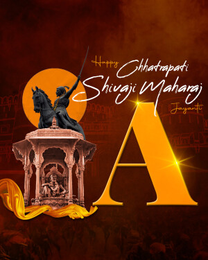 Illustration of Chhatrapati Shivaji Maharaj on horseback with a fort and a glowing 'A' in the background.