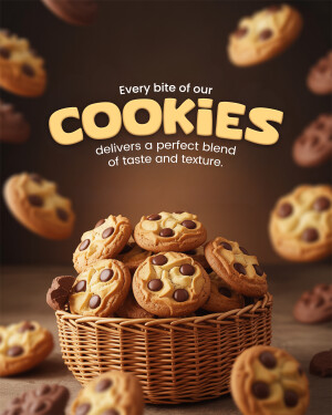 A promotional image featuring a basket overflowing with chocolate chip cookies and cookies floating in the background.