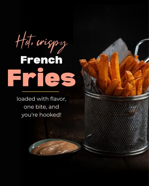 A close-up of a metal basket filled with golden-brown French fries, served with a dipping sauce.