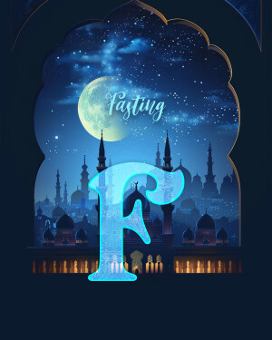 Ramadan Kareem illustration with a crescent moon, mosque silhouette, and the Arabic letter 'Fa'