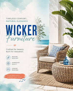 Luxury outdoor wicker furniture armchair and table with blue geometric pillow on a sunny patio