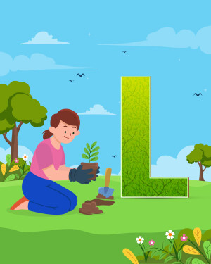 Illustration of a girl planting a seedling near a large letter L made of leaves.