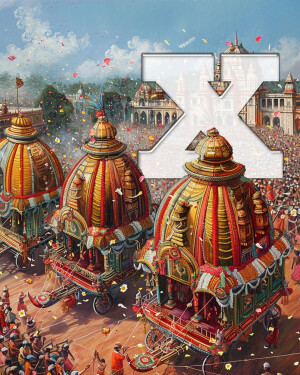 Colorful Rath Yatra procession with a large white letter X superimposed