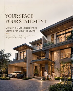 A luxurious contemporary 4 BHK residence with a family standing in front at twilight