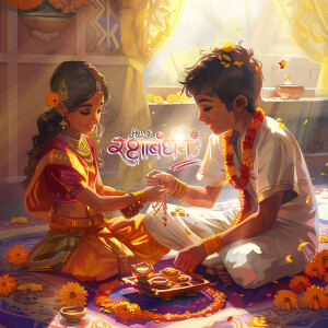A brother and sister celebrating Raksha Bandhan with a traditional ceremony.