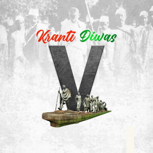 Image commemorating Krant Diwas with a statue of Mahatma Gandhi and a 'V' symbol.