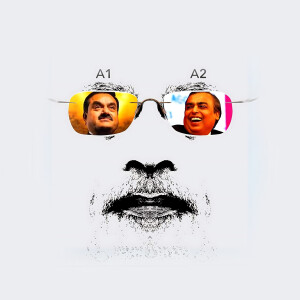 Artistic image featuring Mukesh Ambani's face reflected in the lenses of sunglasses.