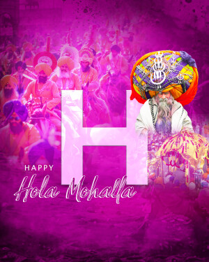 Image depicting a festive Hola Mohalla celebration with Sikh Nihang warriors and a large 'H' letter.