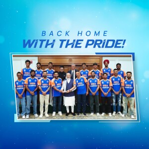 Indian Cricket Team posing with Prime Minister Narendra Modi after winning a championship.