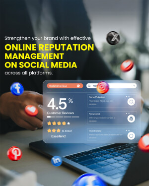 Image depicting online reputation management with social media icons and a laptop displaying customer reviews.