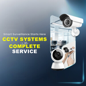Image of CCTV cameras and security systems with text 'Smart Surveillance Systems CCTV Systems Complete Service'