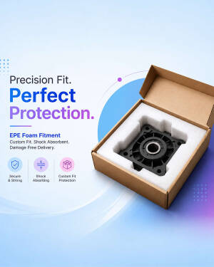 A mechanical part secured inside a protective EPE foam insert within a cardboard box on a blue gradient background.