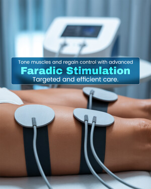Faradic stimulation machine being used on a patient's leg.