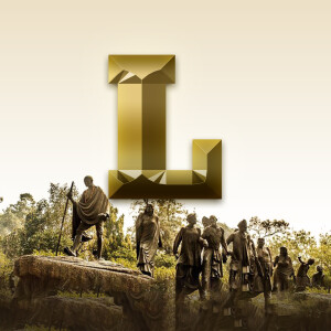 Golden letter L with a sepia-toned image of a historical procession in the background