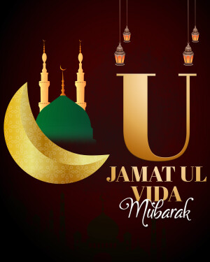 Islamic greeting card for Jamat Ul Vida with mosque and crescent moon