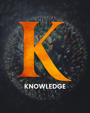 Letter K with a crowd of people inside, representing knowledge