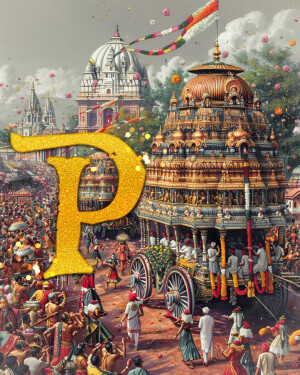 Golden letter 'P' superimposed on a vibrant scene of the Puri Rath Yatra festival in India.