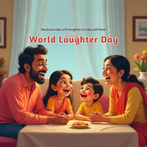 A happy family laughing together on World Laughter Day.