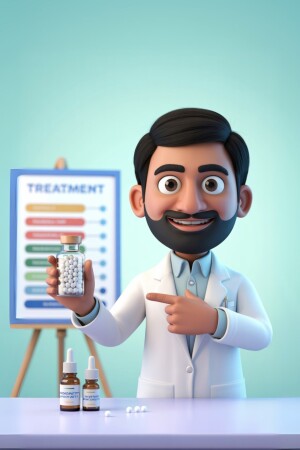 Cartoon doctor holding a bottle of pills and pointing at it, with a treatment board in the background.
