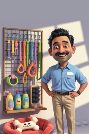 Cartoon illustration of a smiling pet store owner standing in front of pet supplies.