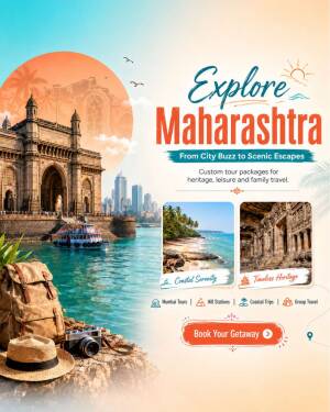 Tourism poster for exploring Maharashtra featuring the Gateway of India, coastal beaches, and heritage sites with travel gear in the foreground.
