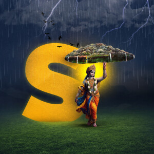 Lord Krishna lifting Govardhan Hill during a storm