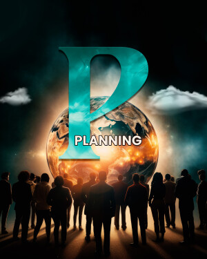 Large letter 'P' encompassing the Earth with silhouetted people below