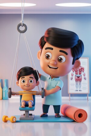 Cartoon illustration of a father and son working out in a gym