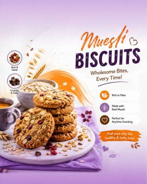 A stack of nutritious muesli biscuits on a plate with oats, nuts, and a coffee mug against a light purple background.