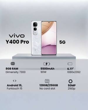 vivo Y400 Pro smartphone featuring 5G connectivity, 5500mAh battery, and 8GB RAM specifications