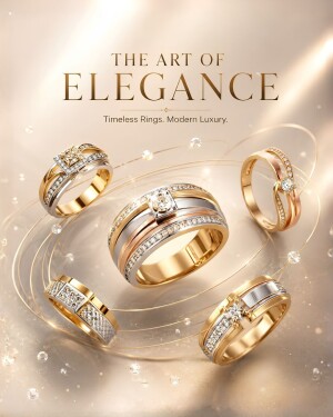 Luxury diamond rings arranged elegantly on a soft beige background with sparkling accents