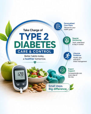 Infographic showing type 2 diabetes management through diet, exercise, and monitoring with a glucometer, apple, salad, and dumbbells.