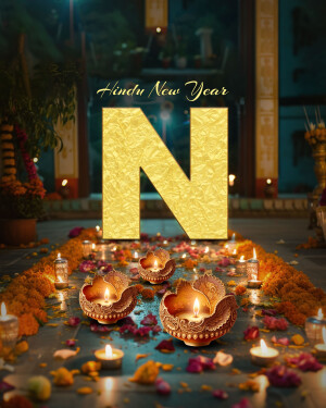 Golden 'N' with Diwali lamps and marigold decorations for Hindu New Year