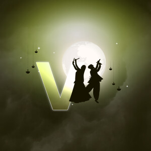 Silhouette of dancers celebrating Navratri in front of a full moon with a large letter V