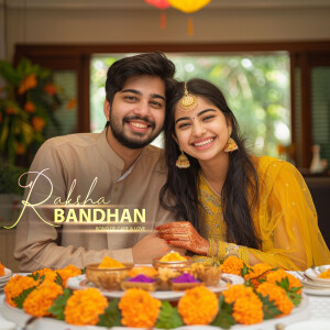 A smiling couple celebrating Raksha Bandhan with traditional decorations and sweets.