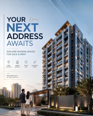 A modern high-rise apartment complex with potential buyers looking at the property, with advertising text overlaid.