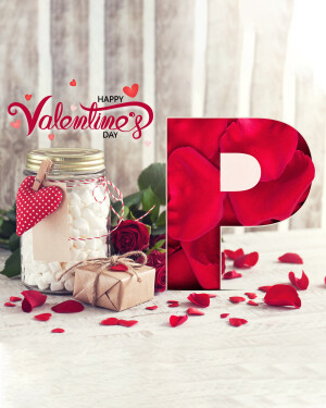 Valentine's Day themed image with a large red letter 'P' and heart decorations.