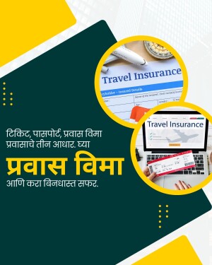 Travel insurance graphic with passport, tickets, and laptop