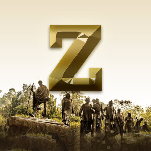 Golden letter Z with a background of Zulu warriors in traditional attire