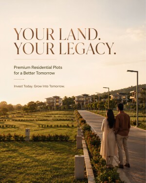 A couple standing on a path looking at premium residential plots at sunset