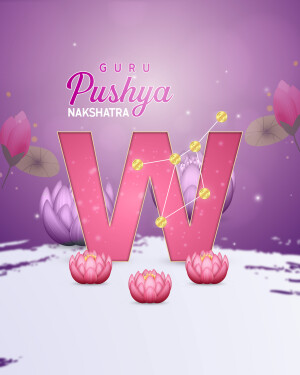 Graphic design featuring the letter 'W' with lotus flowers and stars, representing Pushya Nakshatra.