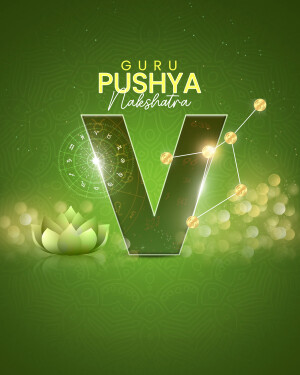 Graphic design for Guru Pushya Nakshatra, featuring a stylized 'V' and lotus flower.