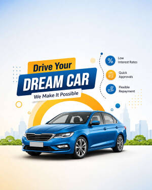 A blue sedan car featured in a promotional advertisement for auto loans with text saying Drive Your Dream Car