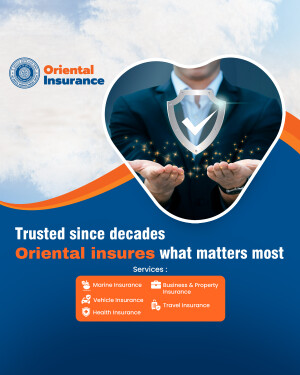 Oriental Insurance advertisement featuring a man holding a shield with a checkmark.