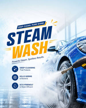 A blue car being cleaned with a high-pressure steam washer, highlighting eco-friendly deep cleaning benefits.