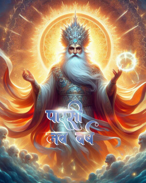 Digital art depicting Ahura Mazda, the supreme god in Zoroastrianism, with outstretched hands and a radiant halo.