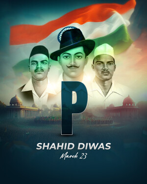 Image depicting Bhagat Singh, Sukhdev, and Rajguru with the Indian flag and the text 'Shaheed Diwas'