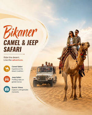 A couple riding a camel in a desert with a group of people in an off-road jeep in the background during a Bikaner safari tour.